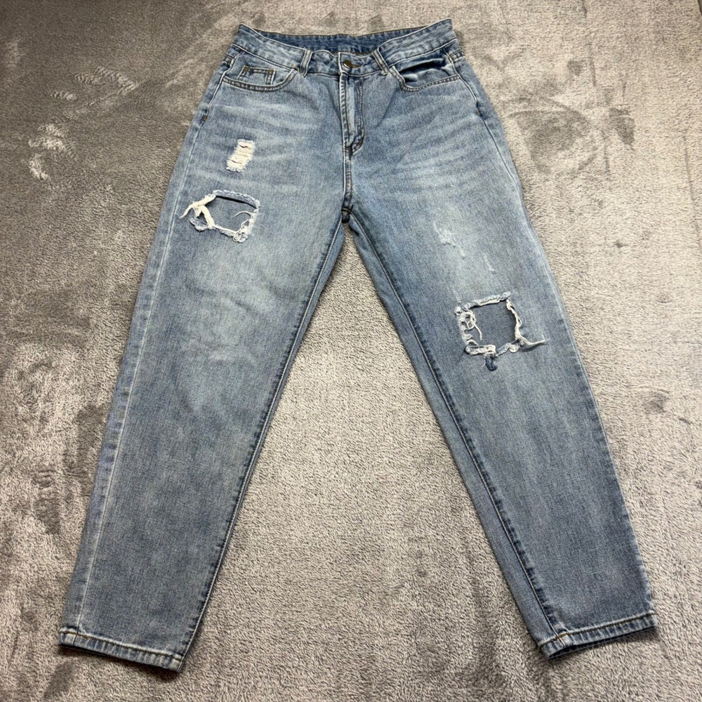 SHEIN Distressed Jeans Women Size M Light Wash Good Ripped Straight Leg Denim